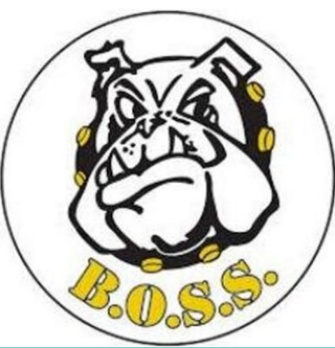 Hand-drawn image of bulldog face with studded collar. Underneath in yellow letters, are B.O.S.S.