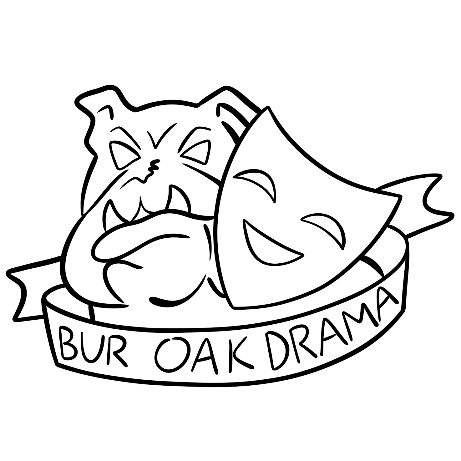 Hand-drawn black and white image of bull dog next to dramatic mask. Text in ribbon below reads Bur Oak Drama